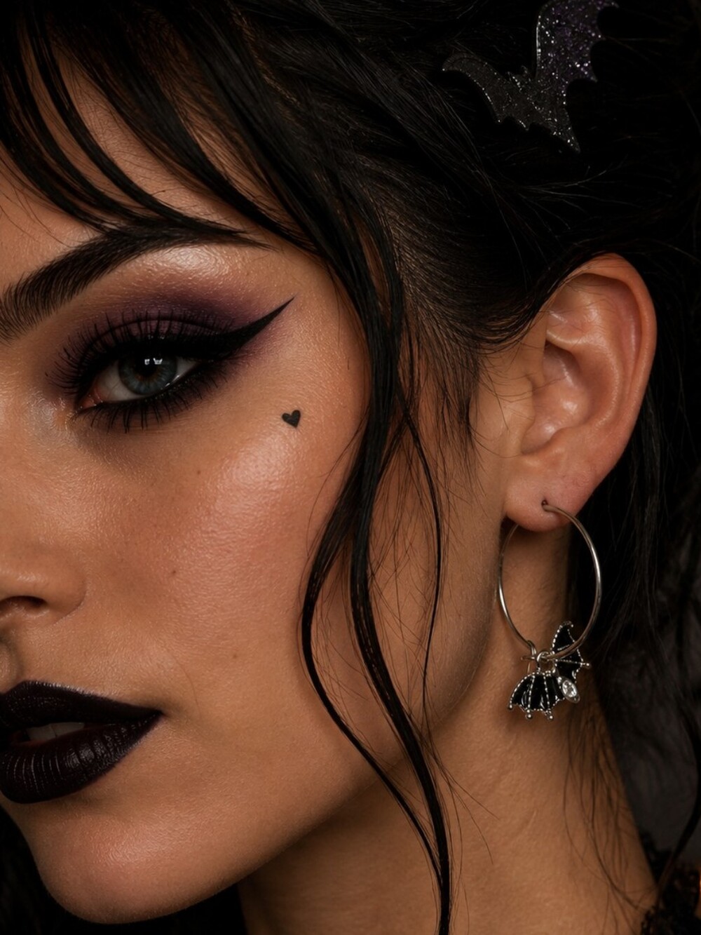 Black Bat Charm Thin Silver Hoop Earrings Halloween Fashion Jewelry Accessories
